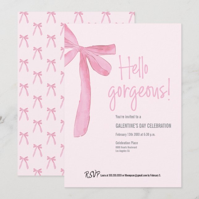 Invitación Coquette Hola espléndido día de Galentine Bow Rosa (Anverso / Reverso)