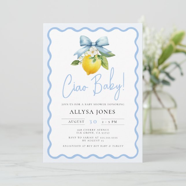 Invitación Coquette Lemon Ciao Baby Baby Shower de onda itali (Anverso de pie)