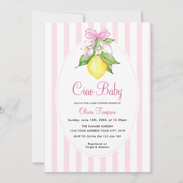Invitación Coquette Lemon Pink Ciao Baby Shower (Anverso)
