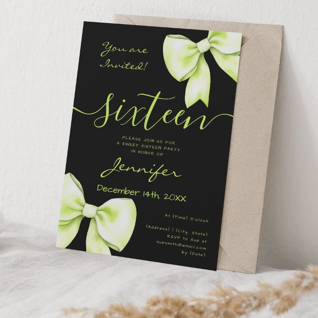 Invitación Coquette Lime Green Bow Sweet 16 Birthday Black (Coquette Lime Green Bow Sweet 16 Birthday Black Invitation)