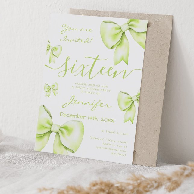 Invitación Coquette Lime Green Bow Sweet 16 Fiesta (Coquette Lime Green Bow Sweet 16 Party Invitation)