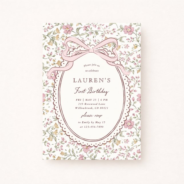 Invitación Coquette Meadow Floral Bow First Birthday  (Subido por el creador)