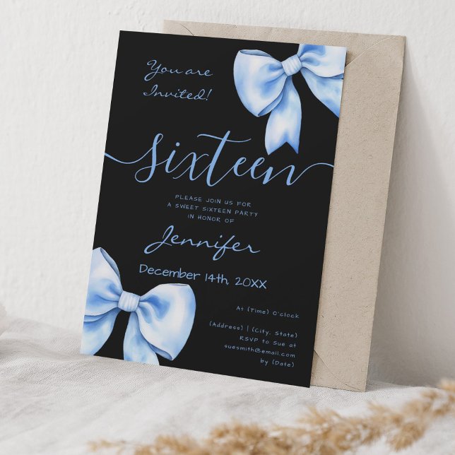 Invitación Coquette Navy Blue Bow Sweet 16 Cumpleaños Negro (Coquette Navy Blue Bow Sweet 16 Birthday Black Invitation)