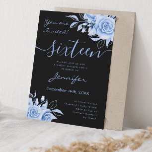 Invitación Coquette Navy Blue Sweet 16 Floral Glam Black
