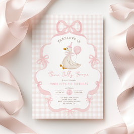 Invitación Coquette One Silly Goose Pink Bow 1st Birthday