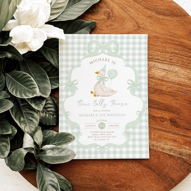 Invitación Coquette One Silly Goose Sage Green Bow Birthday (Subido por el creador)