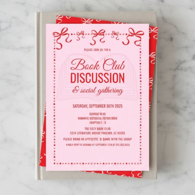 Invitación Coquette Pink Book Club Invitation (red and pink hand drawn doodle book club theme party invitation with coquette bows and script font)