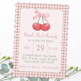 Invitación Coquette Pink Bow Cherries Ducha estética de novia