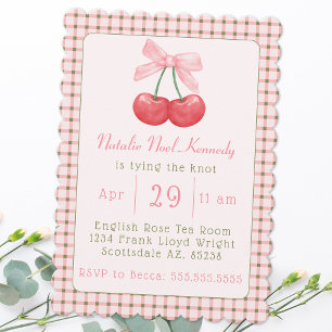 Invitación Coquette Pink Bow Cherries Ducha estética de novia