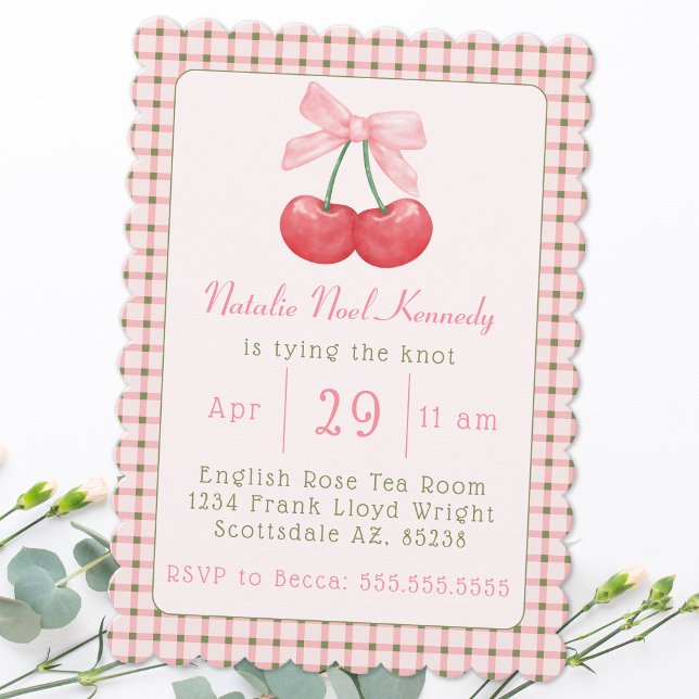 Invitación Coquette Pink Bow Cherries Ducha estética de novia (Subido por el creador)