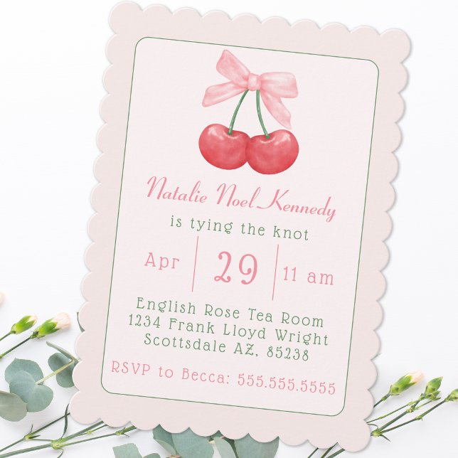 Invitación Coquette Pink Bow Cherries Ducha estética de novia (Subido por el creador)