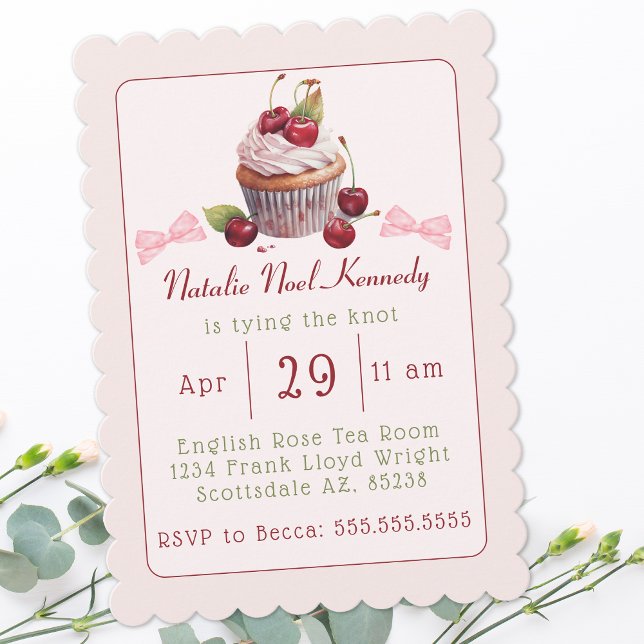 Invitación Coquette Pink Bow Cherry Cake Cute Brite Shower (Subido por el creador)