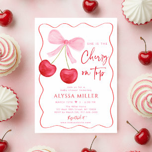 Invitación Coquette Pink Bow Cherry en Baby Shower superior