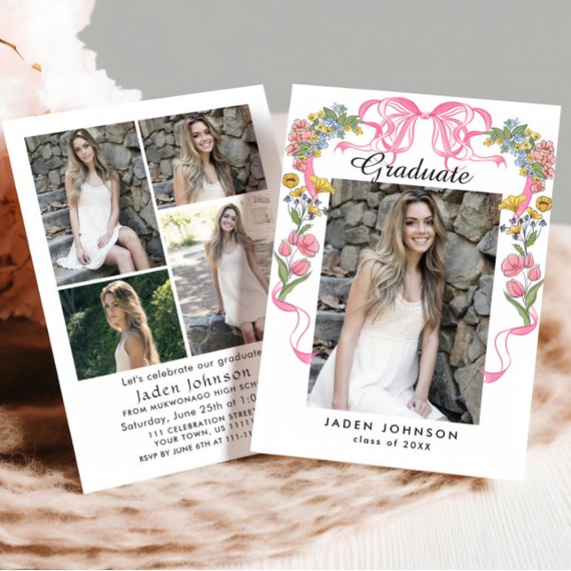 Invitación Coquette Pink Bow Coquette 5 PHOTO Graduation Part (Subido por el creador)