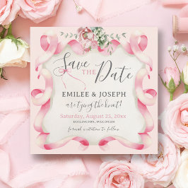 Invitación Coquette Pink Bow Floral Wedding Save the Date