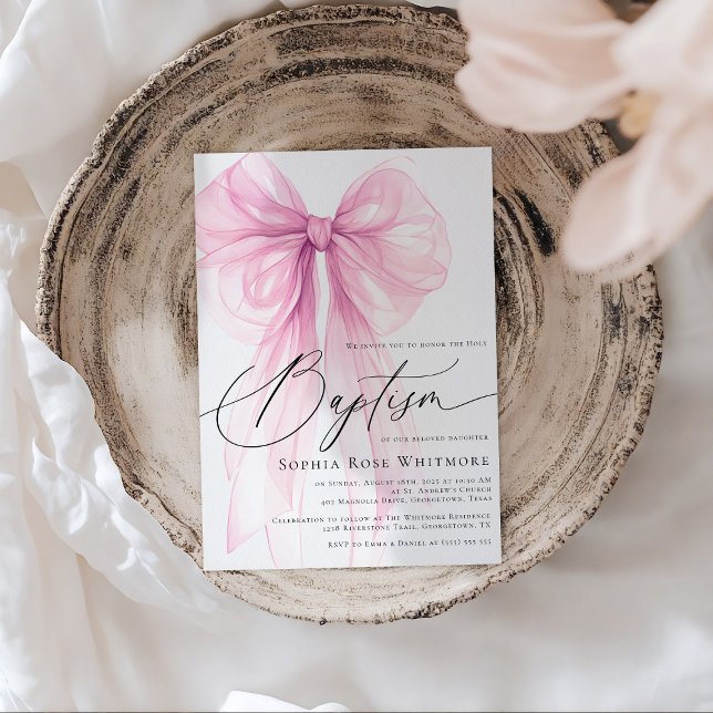 Invitación Coquette Pink Bow Girl Baptism (Subido por el creador)