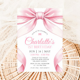 Invitación  Coquette Pink Bow Girl First Birthday Invitation
