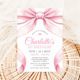 Invitación  Coquette Pink Bow Girl First Birthday Invitation