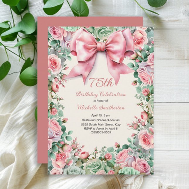 Invitación Coquette Pink Bow Mint Green Floral 75th Birthday (Coquette Pink Bow and Roses with Mint Green Watercolor Floral 75th Birthday Invitation)