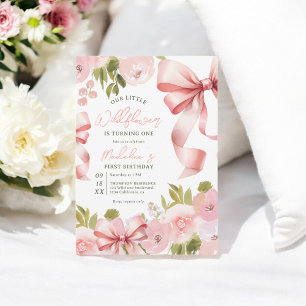 Invitación Coquette Pink Bow & Pastel Floral Primer cumpleaño