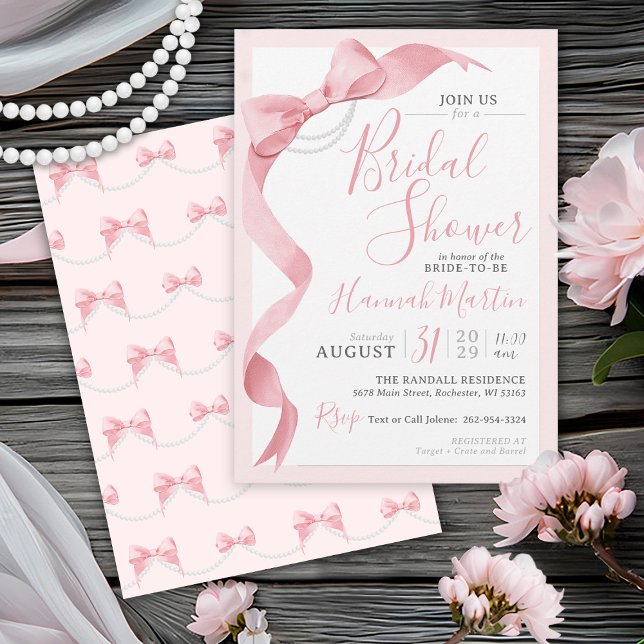 Invitación Coquette Pink Bow & Pearls moderna ducha de novias (Elegant Coquette aesthetic pink ribbon bow and pearls modern wedding bridal shower invitation )