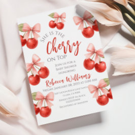 Invitación Coquette Pink Bow Red Cherry en Baby Shower superi