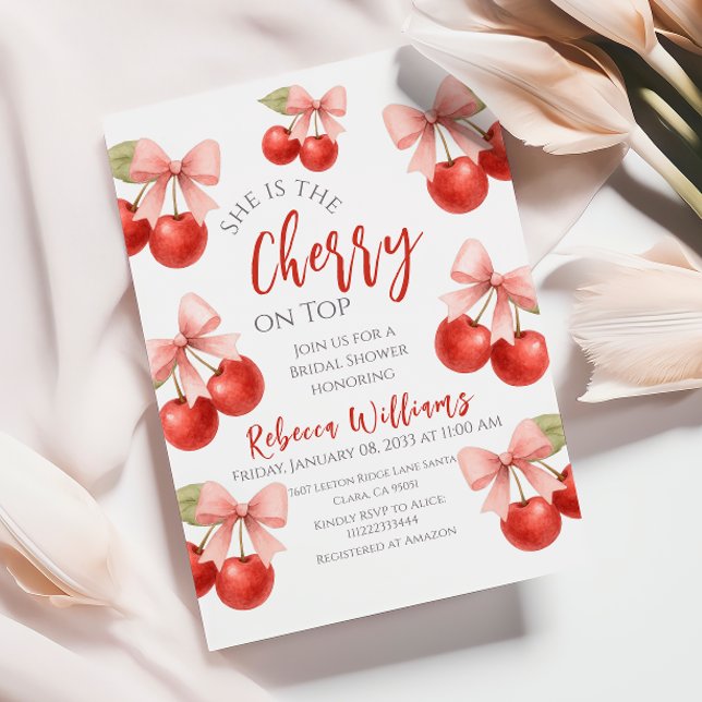 Invitación Coquette Pink Bow Red Cherry en Top Bridal (Subido por el creador)