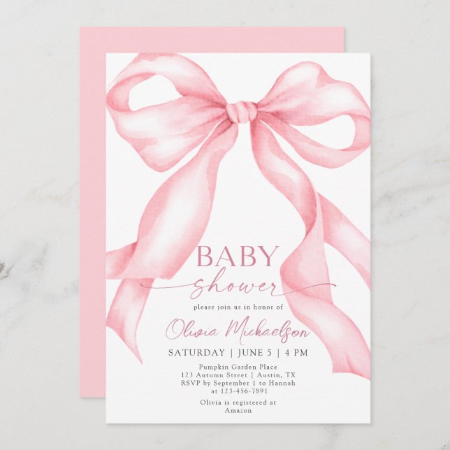 Invitación Coquette Pink Bow Ribbon Elegant Chica Baby Shower (Anverso / Reverso)