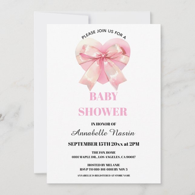 Invitación Coquette Pink Bow Ribbon Girl Baby Shower (Anverso)
