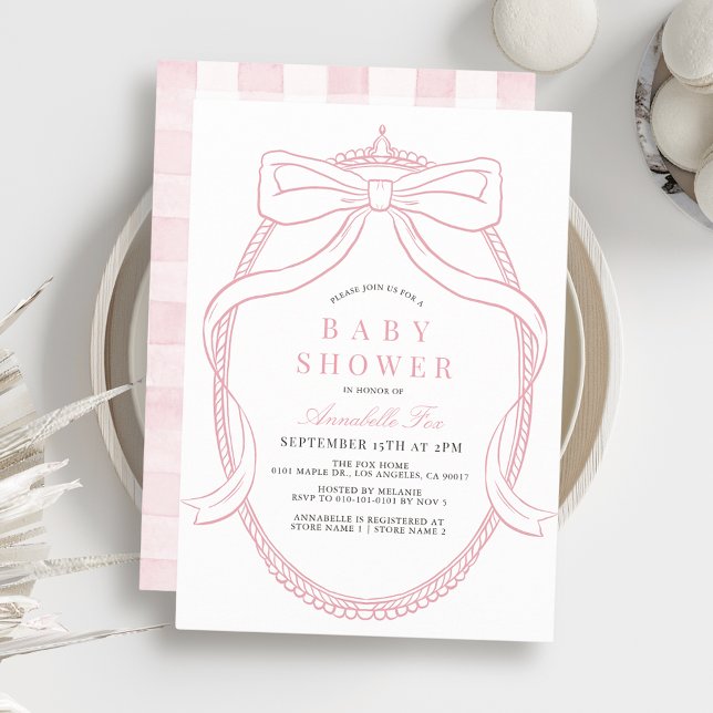 Invitación Coquette Pink Bow/Ribbon Tiara Chica Baby Shower (Subido por el creador)