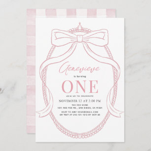 Invitación Coquette Pink Bow/Ribbon Tiara Chica Primer Cumple
