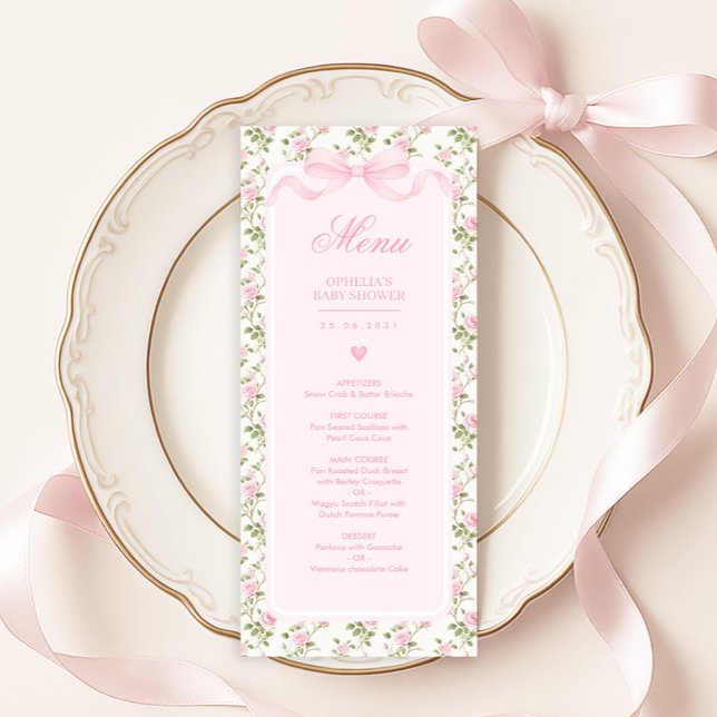 Invitación Coquette Pink Bow Roses Baby Shower Menu (Subido por el creador)
