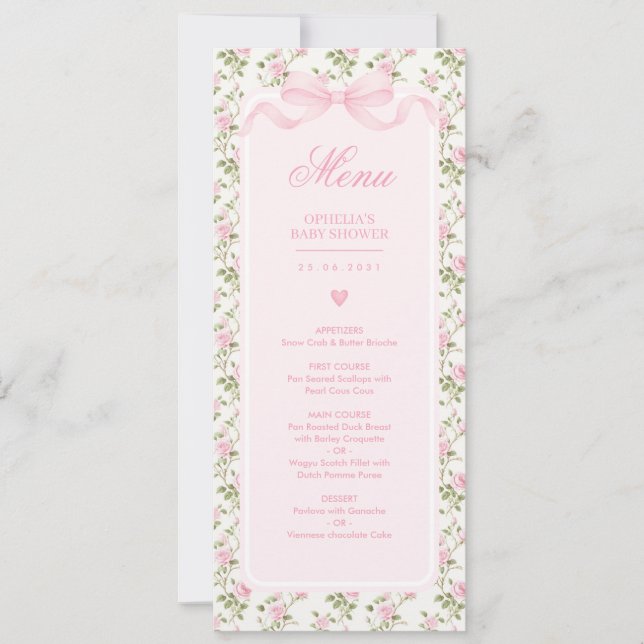 Invitación Coquette Pink Bow Roses Baby Shower Menu (Anverso)