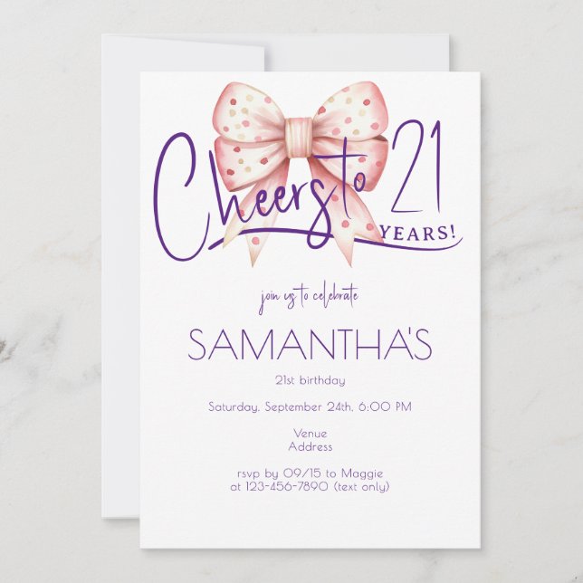 Invitación Coquette Pink Bow Saluda Foto De Cumpleaños 21 (Anverso)