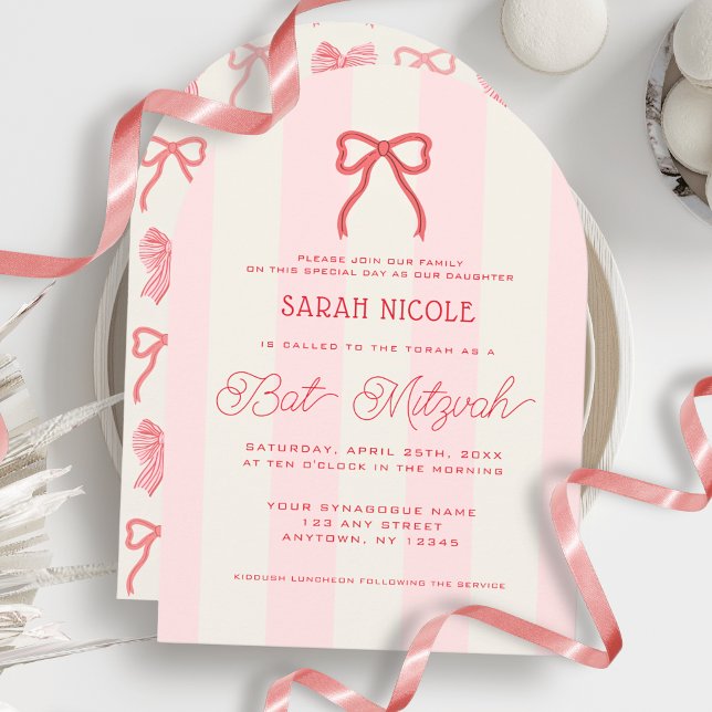 Invitación Coquette Pink Bow & Stripes Bat Mitzvah (Subido por el creador)