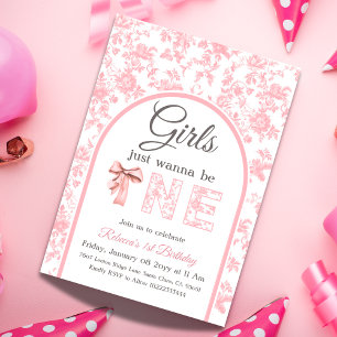 Invitación Coquette Pink Bow Toile Chica Primer Cumpleaños