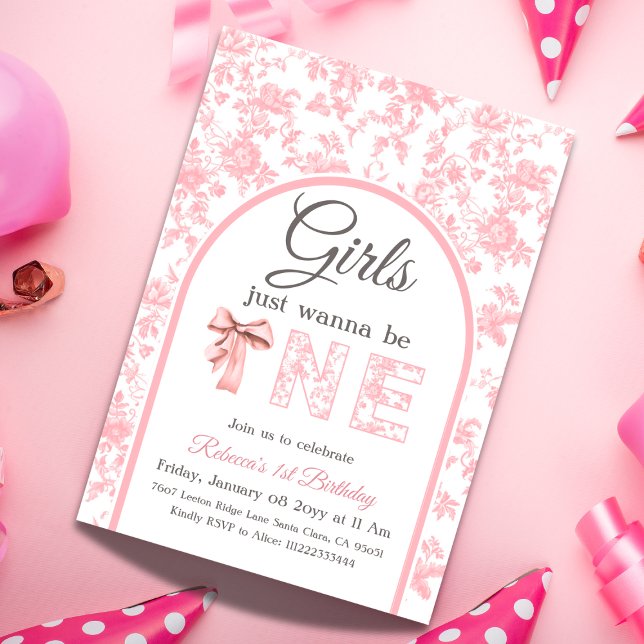 Invitación Coquette Pink Bow Toile Chica Primer Cumpleaños (Subido por el creador)