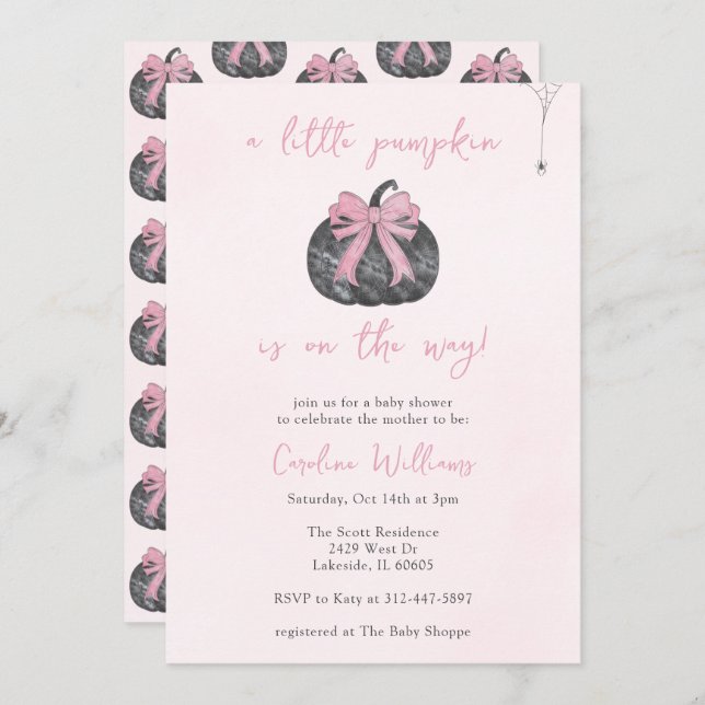 Invitación Coquette Pink Bow Un Pequeño Calabaza Cae Hallowee (Anverso / Reverso)