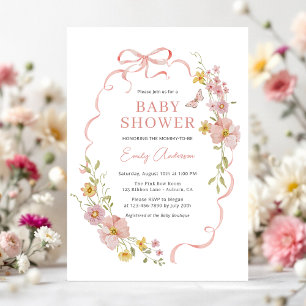 Invitación Coquette Pink Bow Wildflower Butterfly Baby Shower