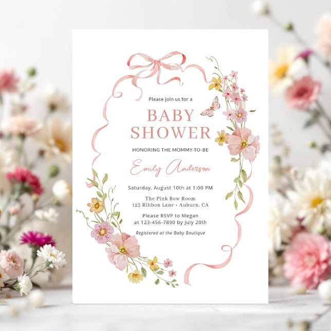 Invitación Coquette Pink Bow Wildflower Butterfly Baby Shower (Subido por el creador)