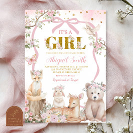 Invitación Coquette pink bow woodland animals baby shower