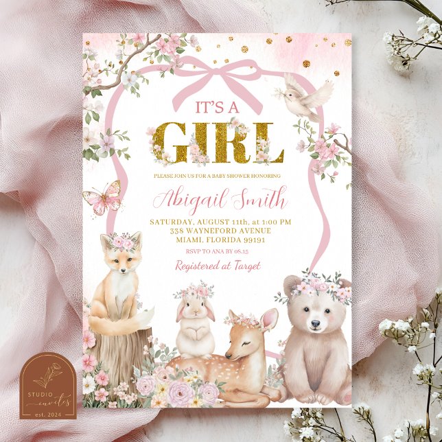 Invitación Coquette pink bow woodland animals baby shower (Subido por el creador)