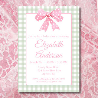 Invitación Coquette Pink Bow Y Sage Gingham Baby Shower