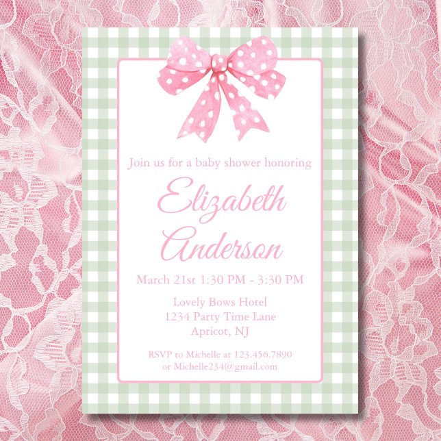 Invitación Coquette Pink Bow Y Sage Gingham Baby Shower (Subido por el creador)