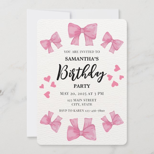 Invitación Coquette Pink Bows and Hearts Fiesta de Cumpleaños (Anverso)
