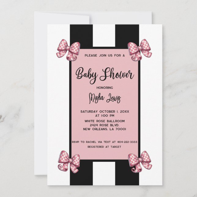 Invitación Coquette Pink Bows Black Strike Baby Shower (Anverso)