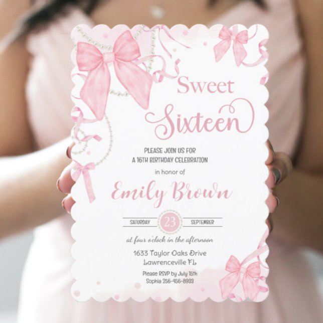 Invitación Coquette Pink Bows Pearls Sweet Dieciséis Cumpleañ (Subido por el creador)