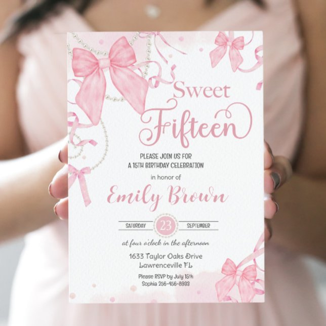 Invitación Coquette Pink Bows Pearls Sweet Quince Cumpleaños (Subido por el creador)
