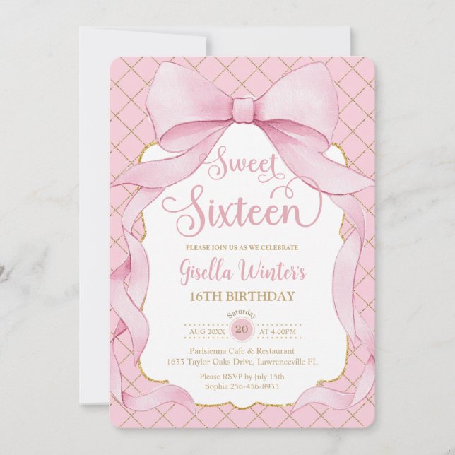 Invitación Coquette Pink Bows Sweet 16 16th Birthday (Anverso)