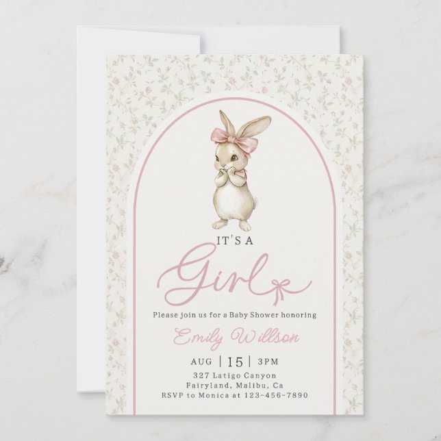 Invitación Coquette Pink Bunny Girl Baby Shower Invitation (Anverso)
